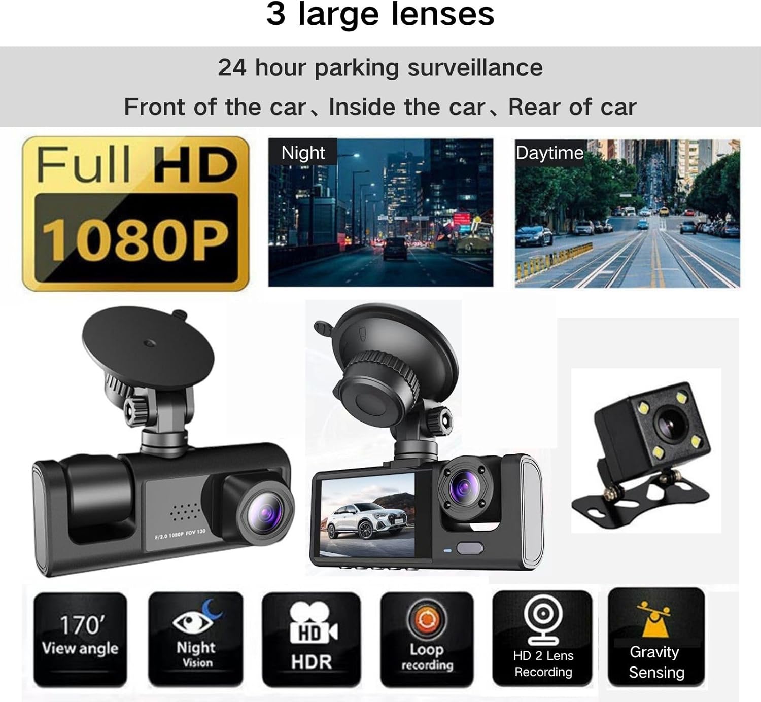 Dash Cam Front/Interior &amp; Rear | 1080P HD | Night Vision |