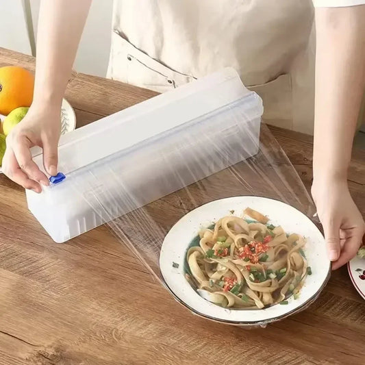 Cutter Plastic Wrap Dispenser – Refillable, Adjustable Storage Box with Slide Cutter for Cling Film