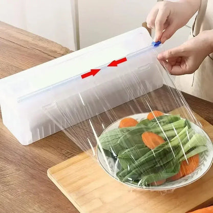 Cutter Plastic Wrap Dispenser – Refillable, Adjustable Storage Box with Slide Cutter for Cling Film