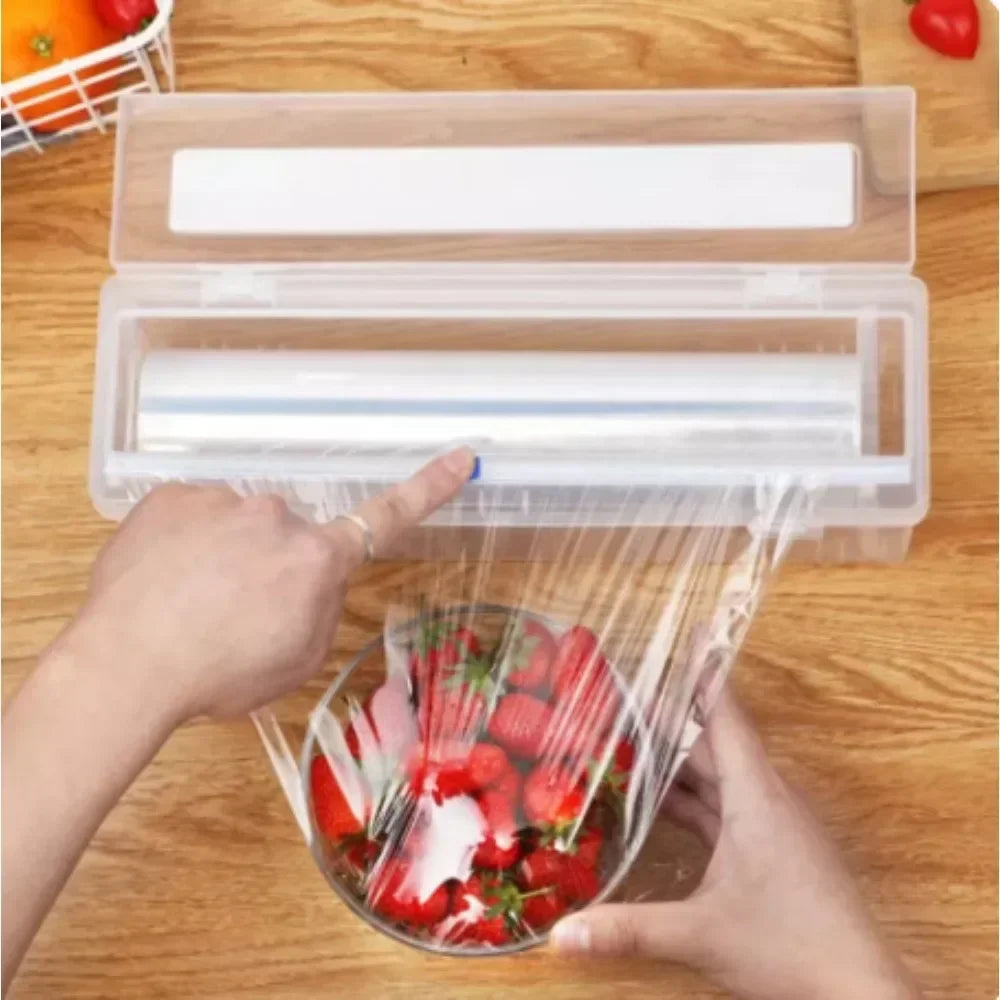 Cutter Plastic Wrap Dispenser – Refillable, Adjustable Storage Box with Slide Cutter for Cling Film